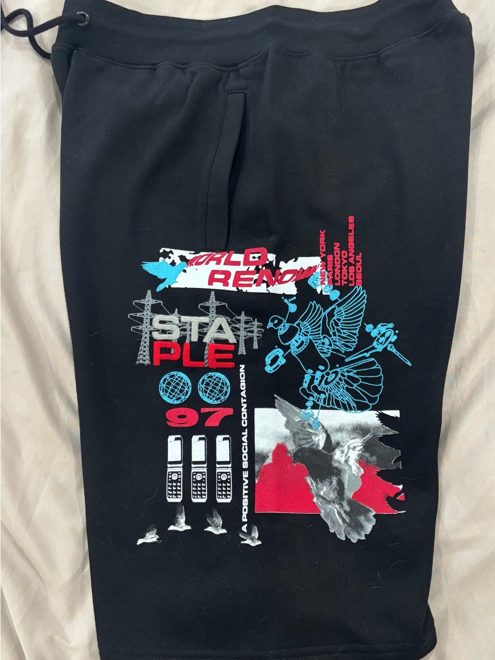 Staple Black Pigeon Athletic Shorts with Red, Blue & Silver Graphic